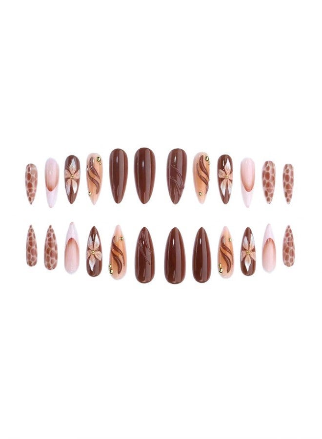 SINHOT Press on Nails - Medium Almond Fake Nails, Glossy Finish, 3D Flower & Brown Swirl, DIY Artificial False Nail Art - 24 Pcs Nail Kit with Glue - Image 4